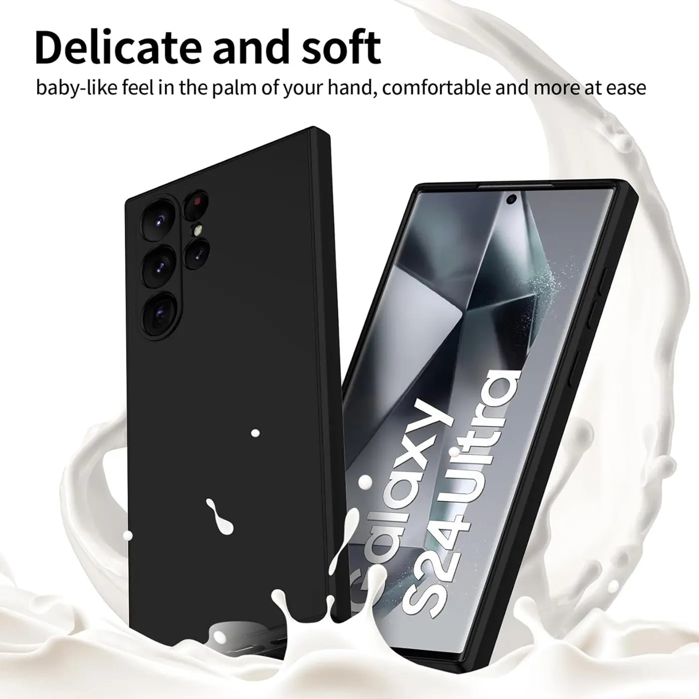 Schwarze Silikonhülle für Samsung Galaxy S24 Ultra, Rückansicht und Vorderansicht.