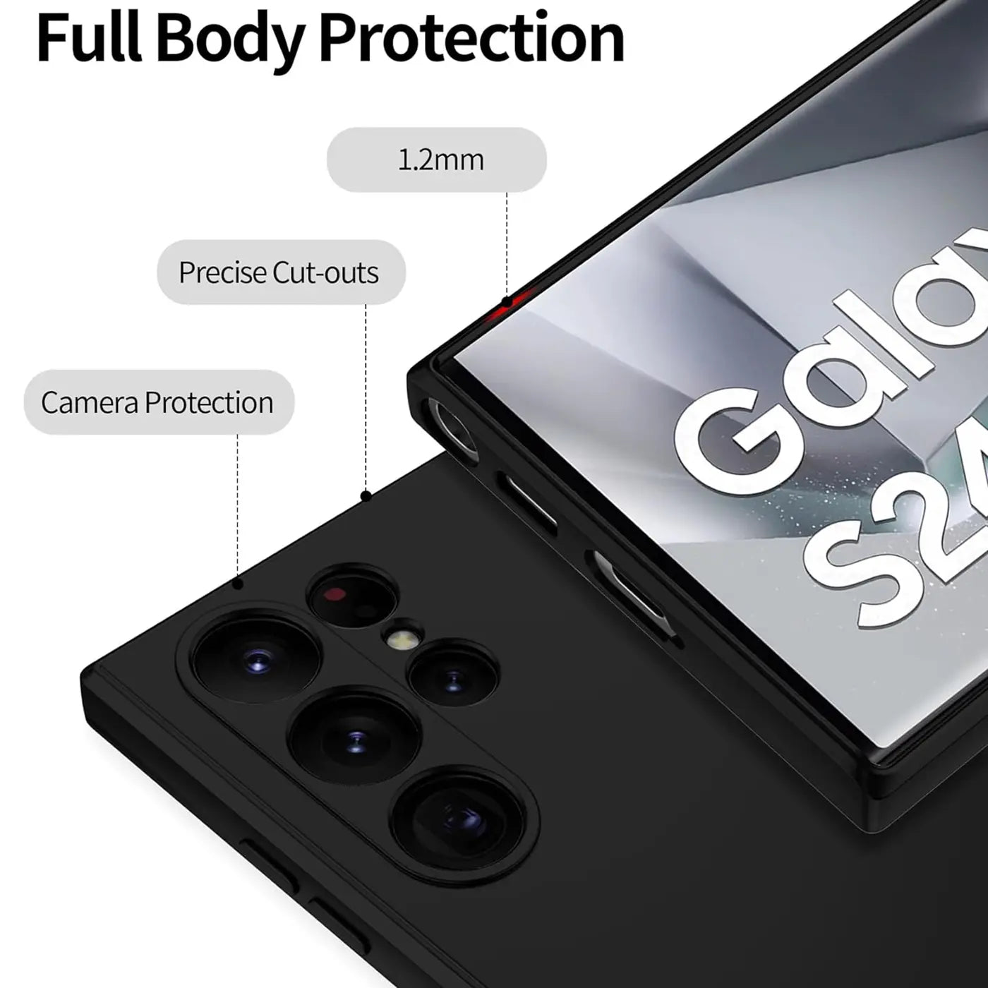 Schwarze Silikonhülle auf Samsung Galaxy S24 Ultra, Draufsicht, Kamera detailreich