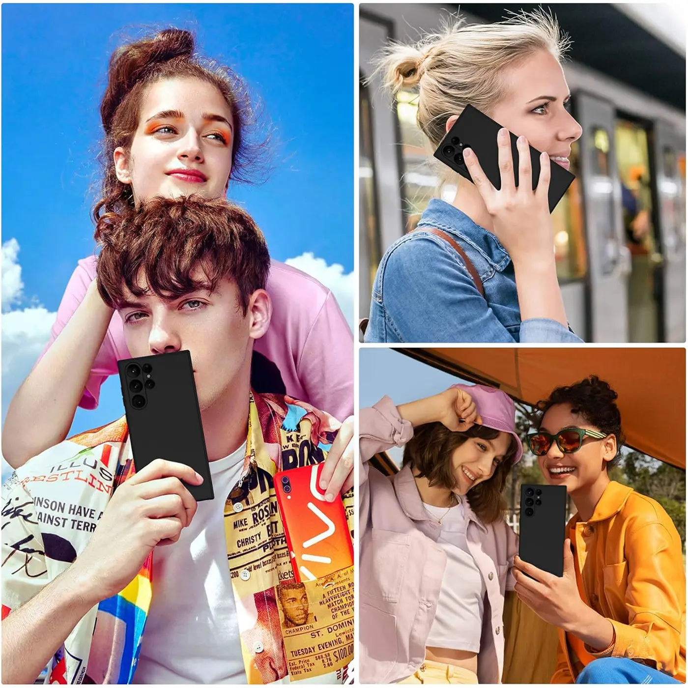 Schwarz-matte Silikonhülle für Samsung S24 Ultra, von vorne gezeigt, mit zwei Personen.