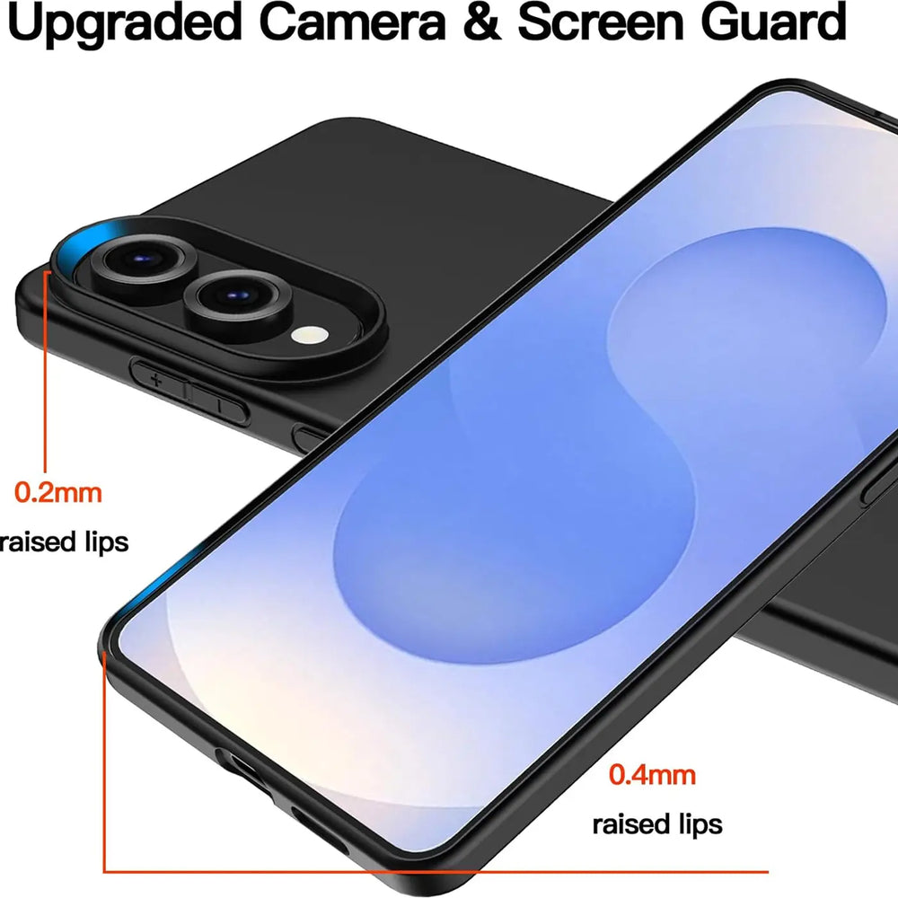 Schwarze Silikonhülle für Samsung S25 Edge, matt, von oben/seitlich.