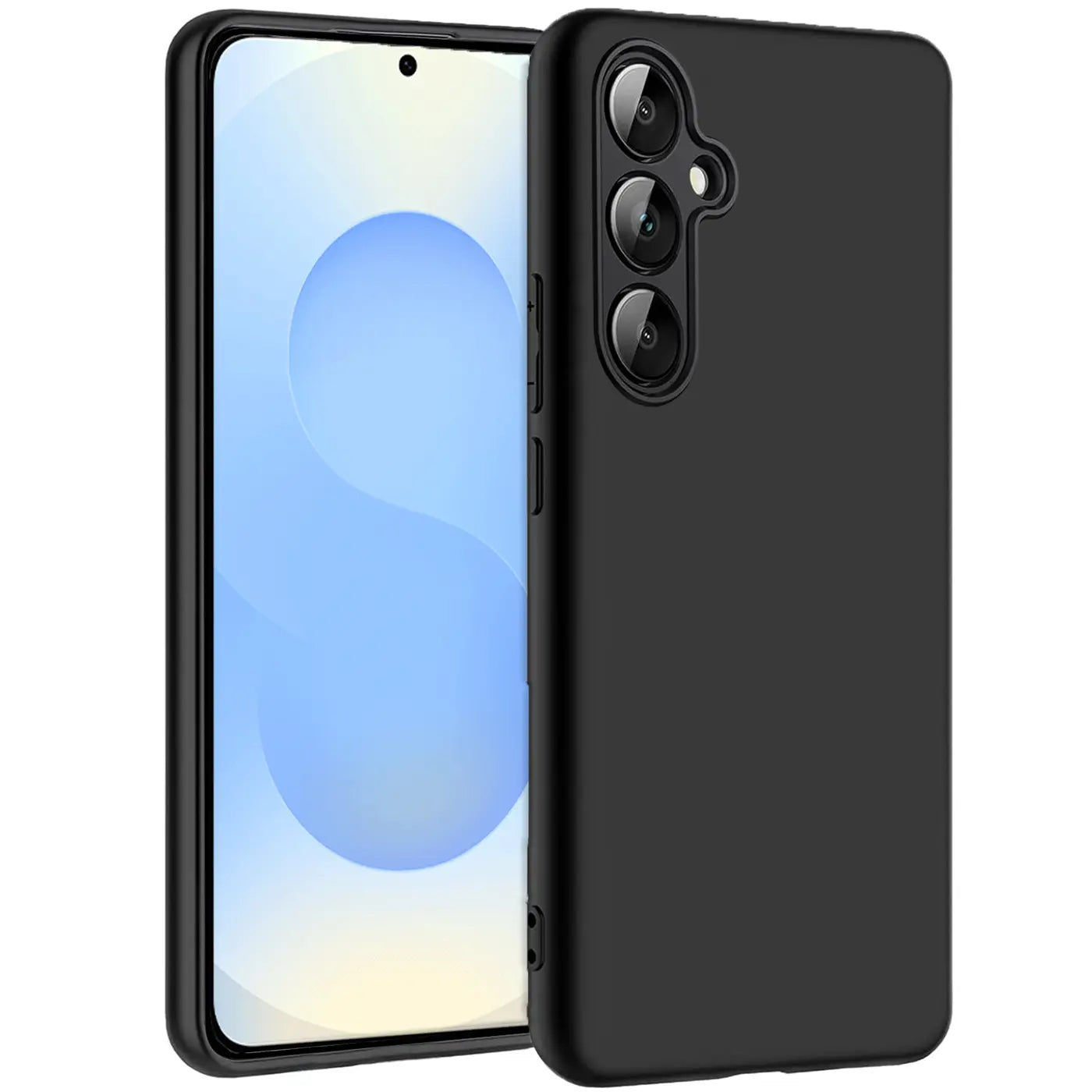Schwarze, matte Silikonhülle für Samsung Galaxy S25 FE, von schräg vorne gezeigt.