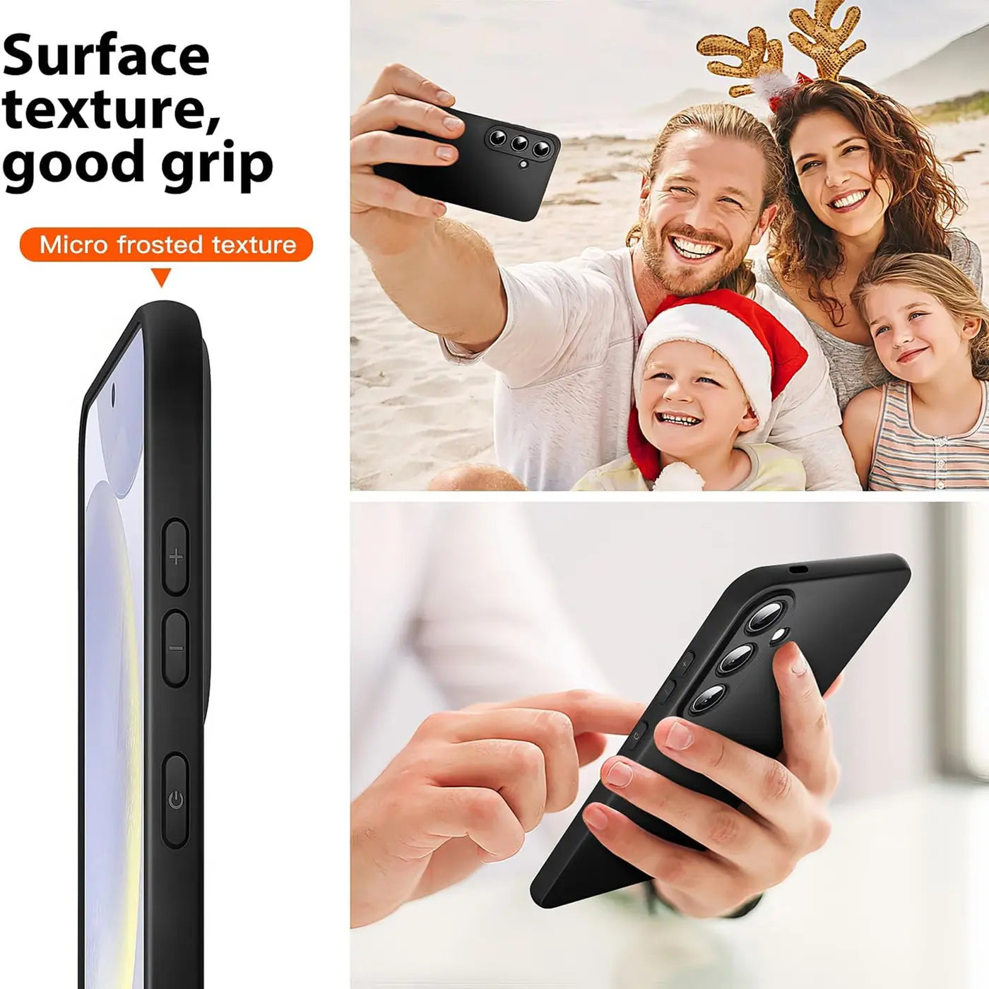 Schwarze Silikonhülle für Samsung Galaxy S25 FE, von der Seite und von hinten gezeigt.