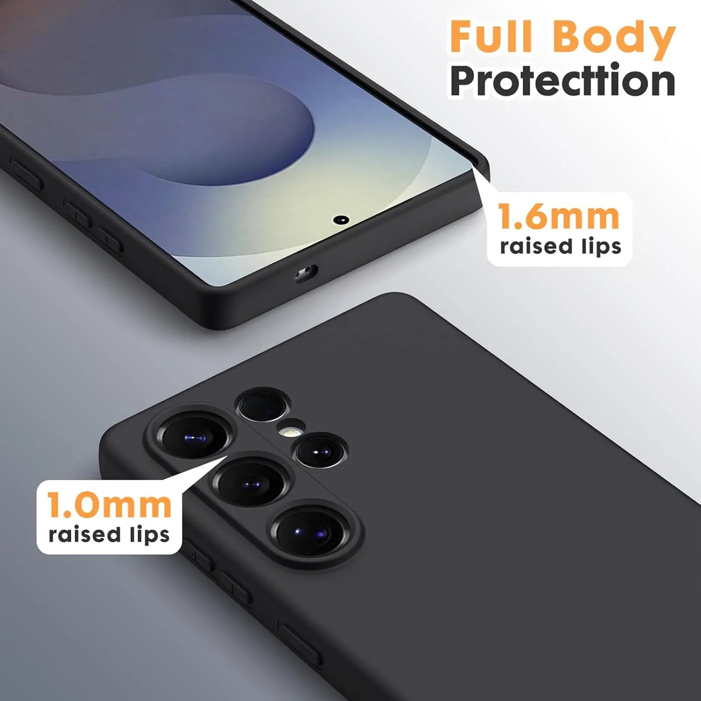 Schwarze Silikonhülle für Samsung Galaxy S25 Ultra, von oben und hinten gezeigt, matt.