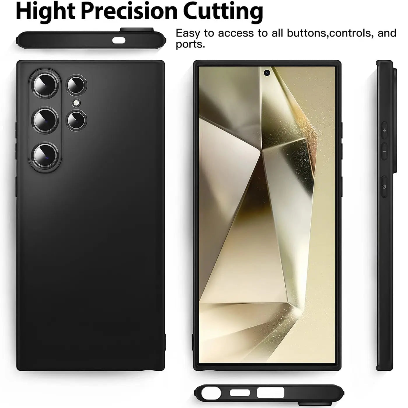 Schwarze Silikonhülle für Samsung Galaxy S25 Ultra, Rückseite und Seitenansicht