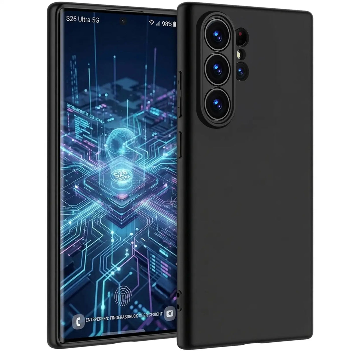 Schwarze matte Silikonhülle auf einem Samsung S26 Ultra, Seitenansicht.