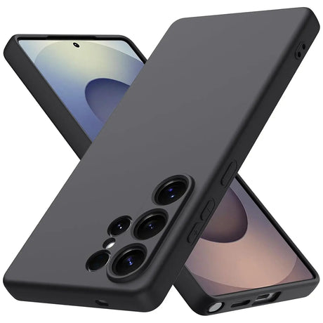 Schwarze matte Silikonhülle für Samsung Galaxy S26 Ultra, von schräg oben.