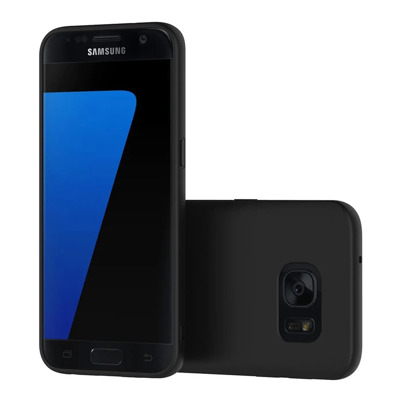 Schwarze Silikonhülle für Samsung Galaxy S7 Edge, matt, von vorne und hinten gezeigt.