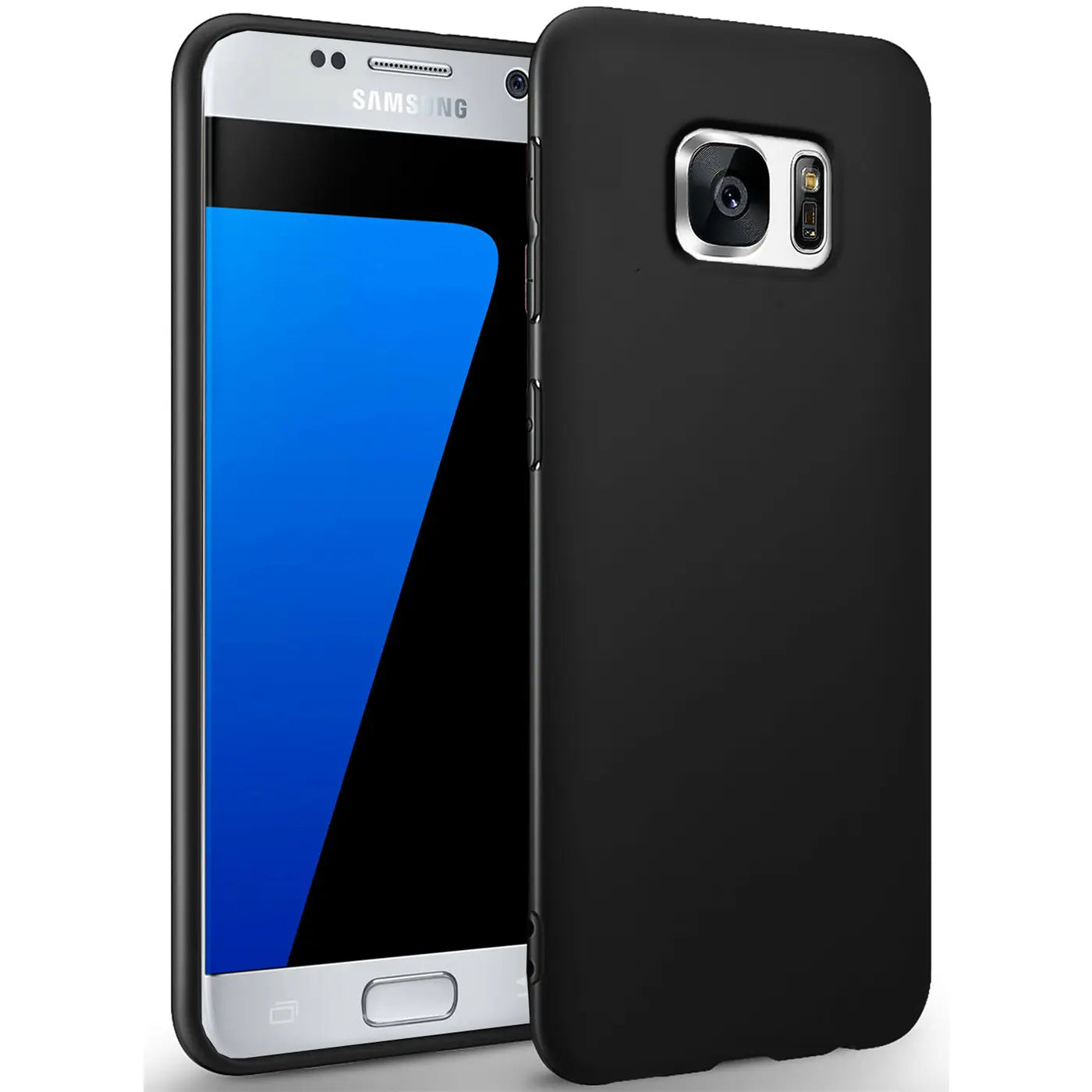 Schwarze Silikonhülle auf einem Samsung Galaxy S7, von schräg vorne gesehen.