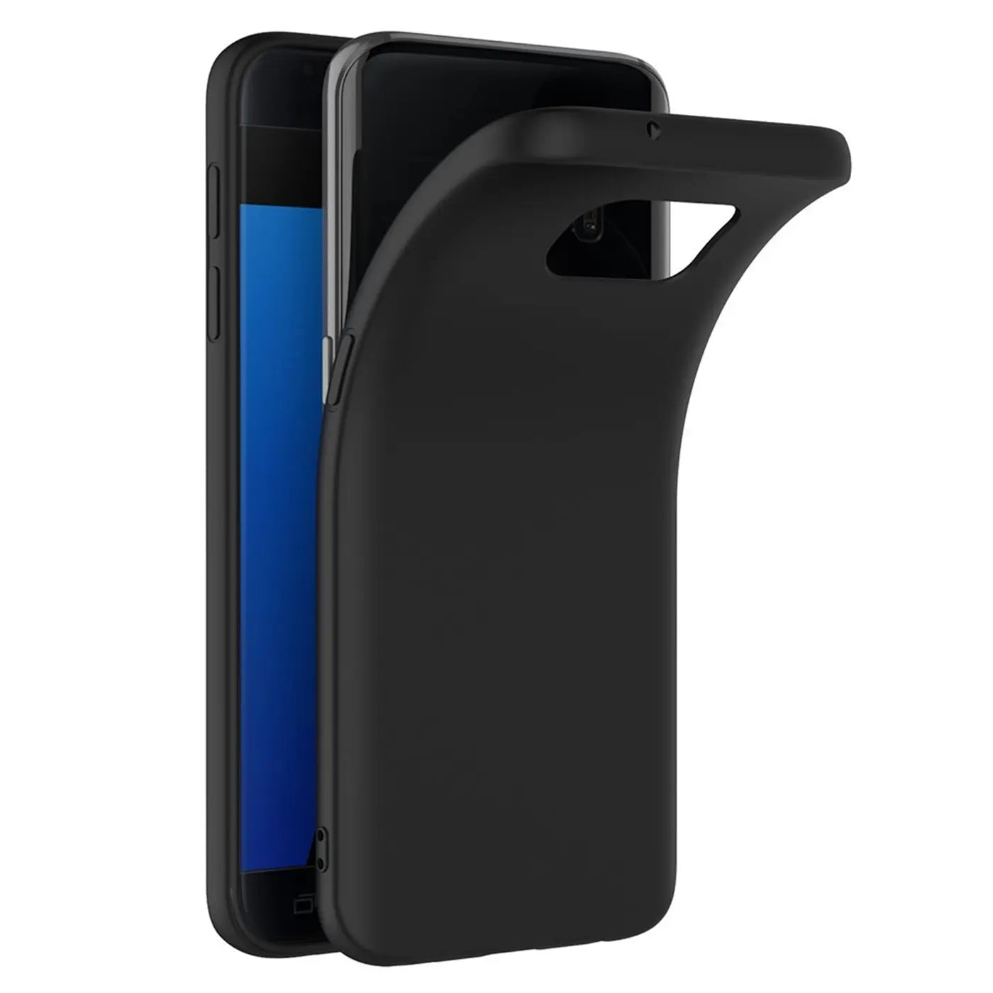 Schwarze Silikonhülle, matt, seitliche Ansicht, zeigt Samsung Galaxy S7.