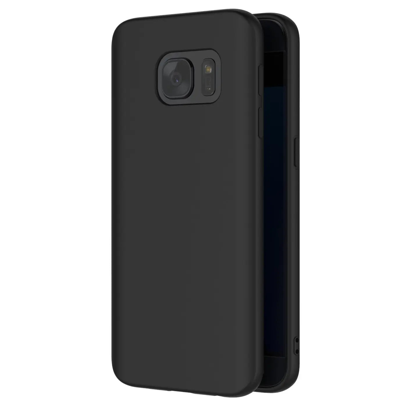 Schwarze Silikonhülle matt, von hinten auf ein Samsung Galaxy S7 gesteckt, leicht schräg von rechts