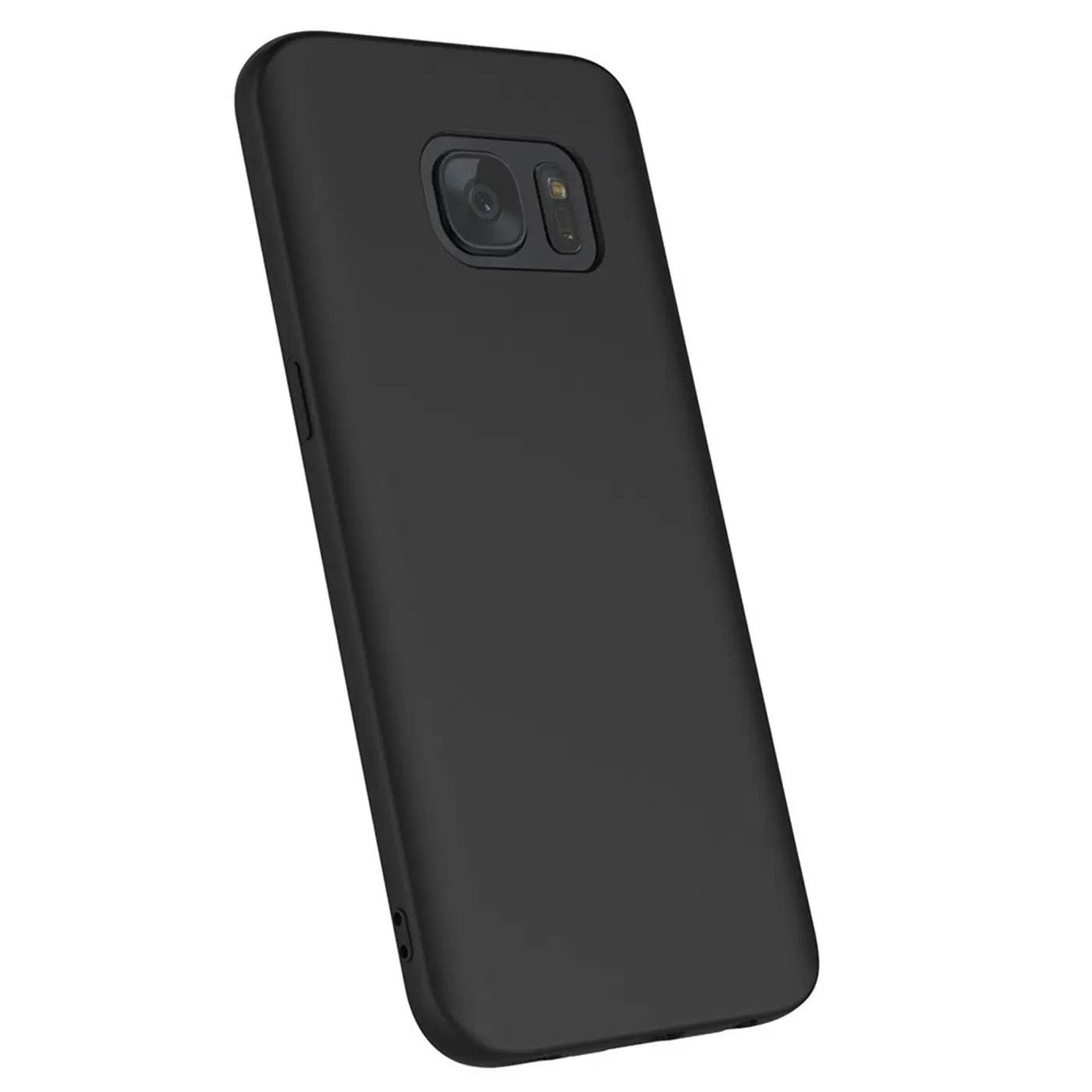 Schwarze, matte Silikonhülle für Samsung Galaxy S7, von hinten oben links gezeigt.
