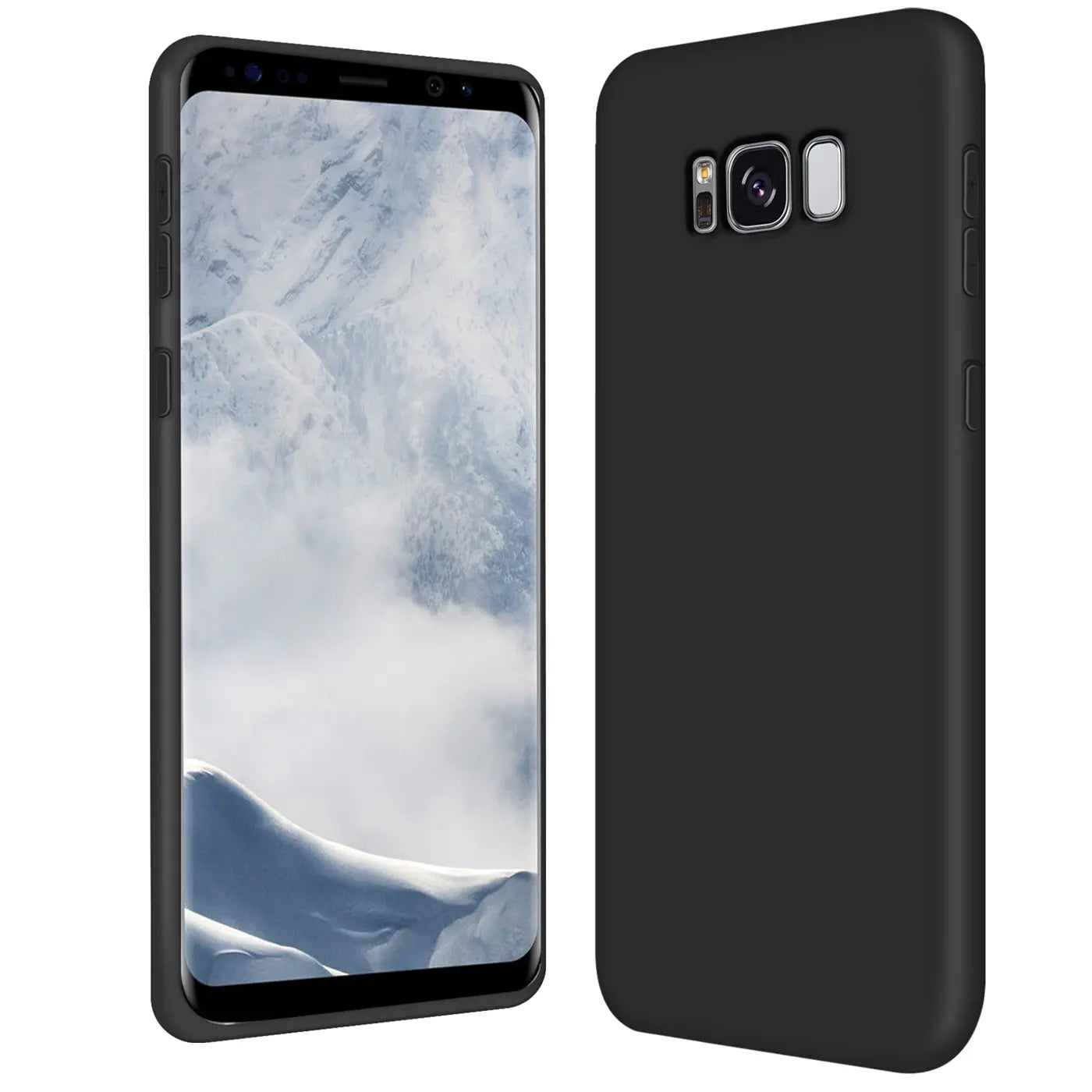 Schwarze Silikonhülle für Samsung Galaxy S8 Plus, von vorne und hinten gezeigt.