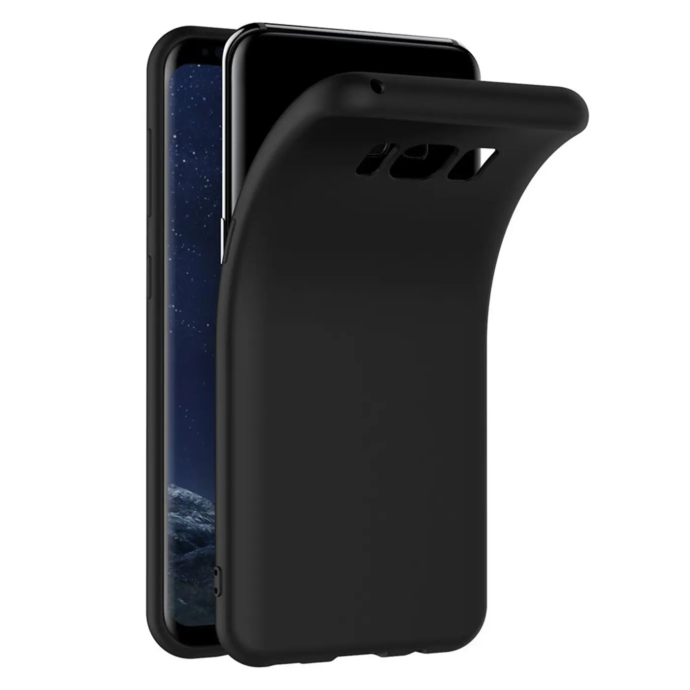 Schwarze Silikonhülle wird auf ein Samsung Galaxy S8 Plus aufgesetzt, Seitenansicht.