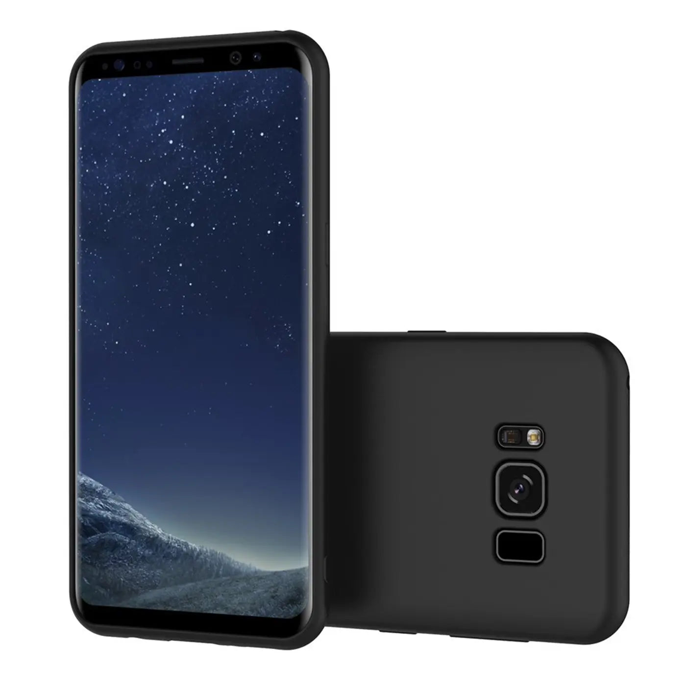 Schwarze matte Silikonhülle für Samsung Galaxy S8, von vorne und hinten gezeigt.
