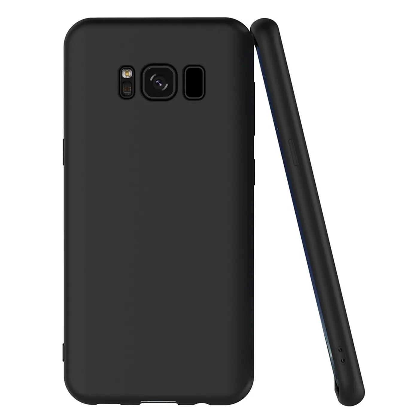 Schwarze Silikonhülle für Samsung Galaxy S8, matt, von der Rückseite und Seite gezeigt.