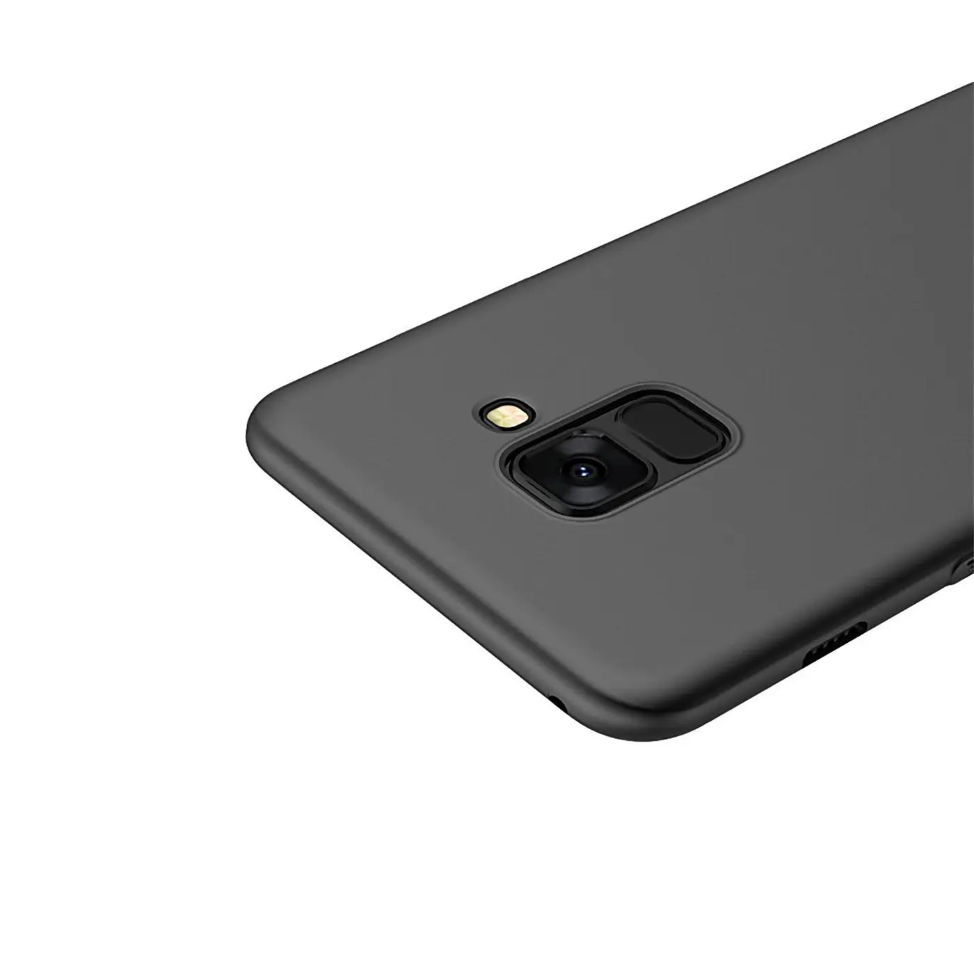 Schwarze matte Silikonhülle auf einem Samsung Galaxy S9 Plus, Rückansicht, leicht schräg.
