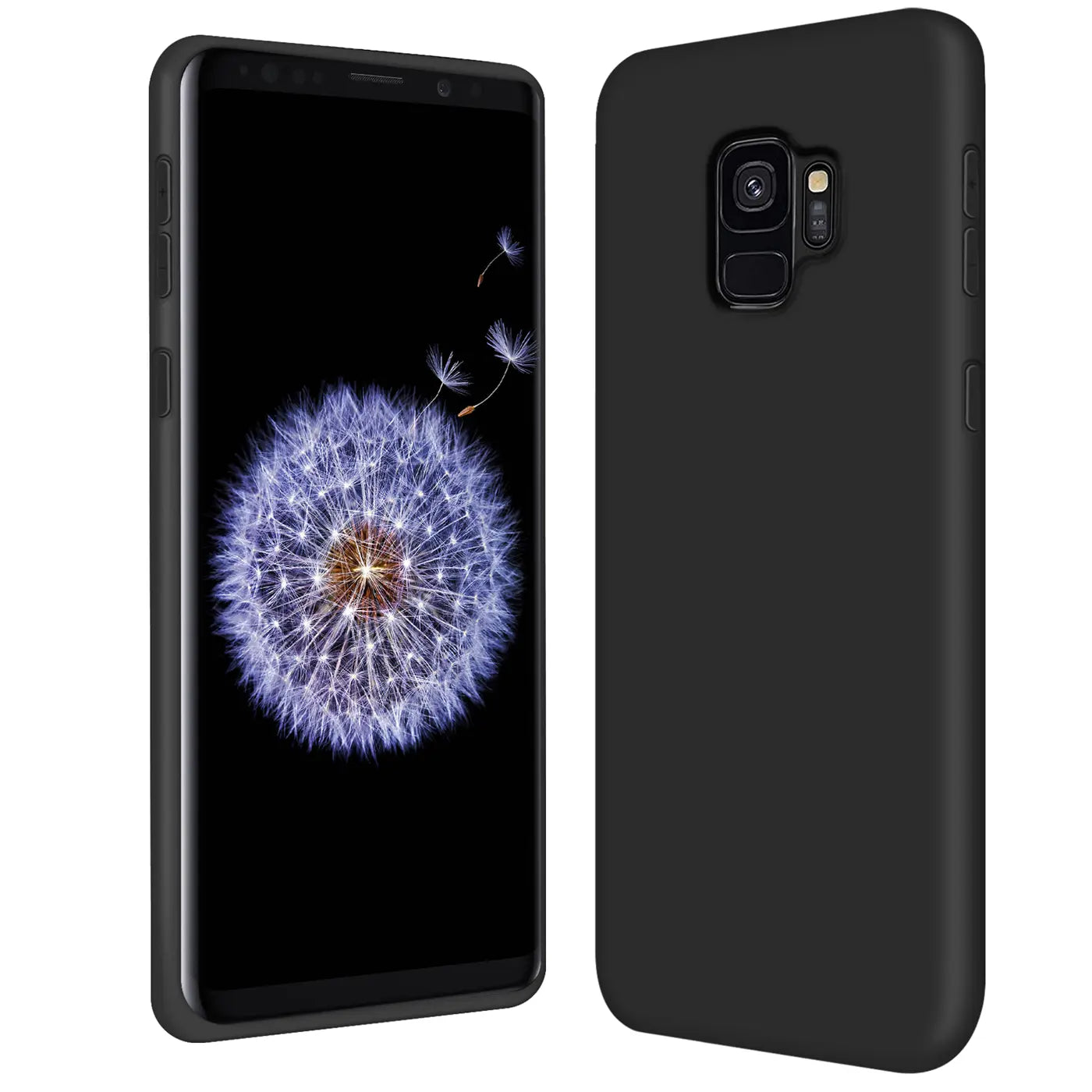 Schwarze Silikonhülle für Samsung Galaxy S9, matt, von vorne und hinten gezeigt.