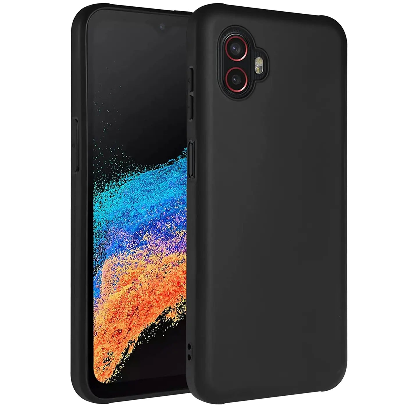 Schwarze matte Silikonhülle für Samsung Galaxy XCover 6 Pro, von vorne links, mit erkennbarem Gerät.