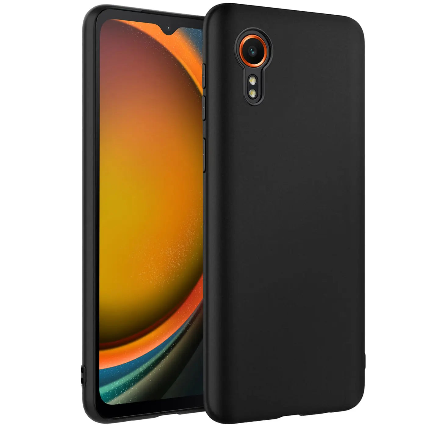 Schwarze Silikonhülle matt, von vorne/leicht schräg, mit Samsung Galaxy XCover 7.