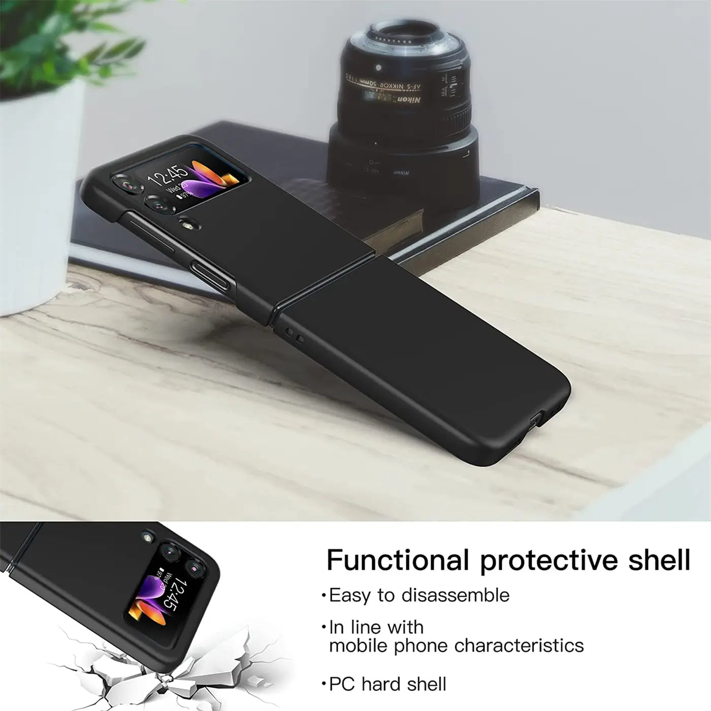 Schwarze Silikonhülle für Samsung Galaxy Z Flip 4, von oben/seitlich, matt.