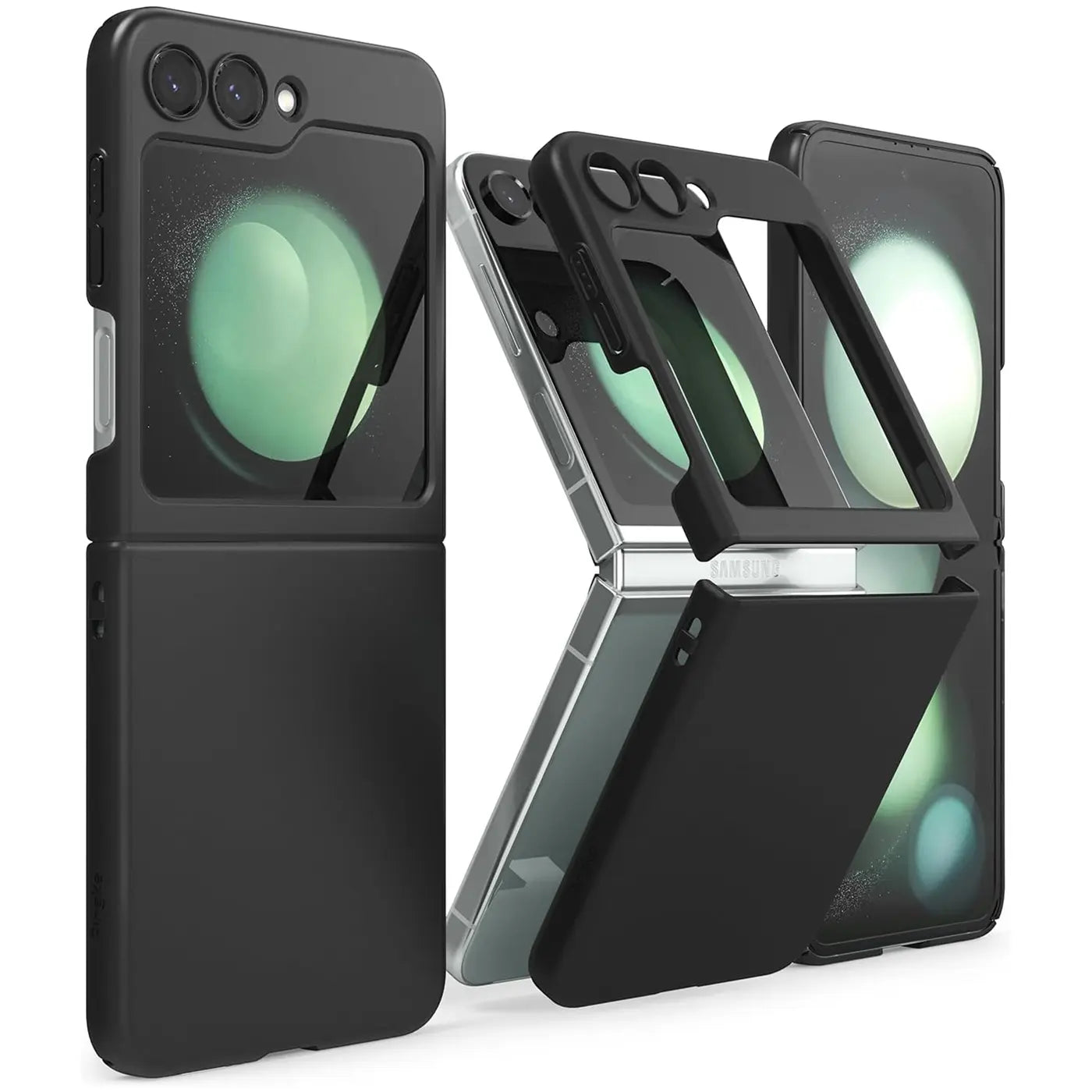 Schwarze Silikonhülle, matt, für Samsung Galaxy Z Flip 5, von vorne/leicht schräg
