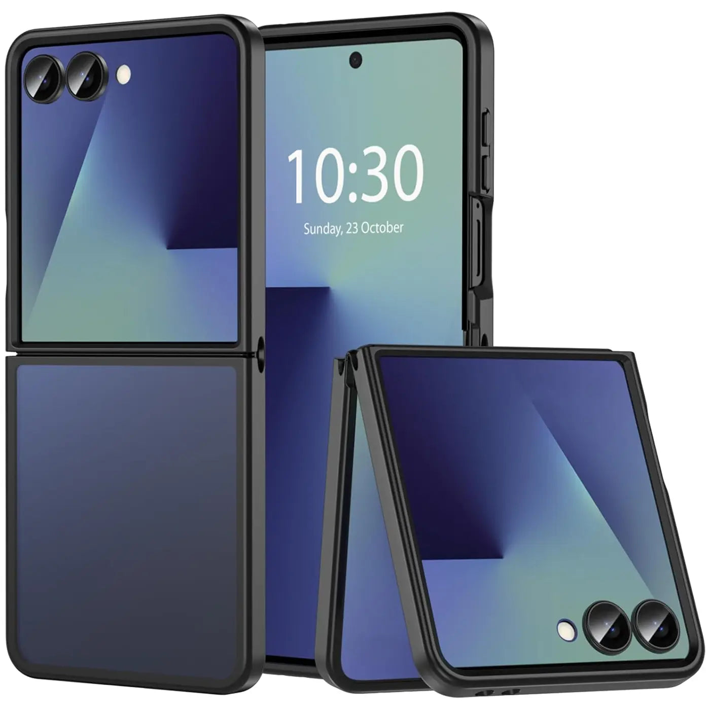 Schwarze Silikonhülle für Samsung Galaxy Z Flip 7, matt, von vorne, geöffnet.