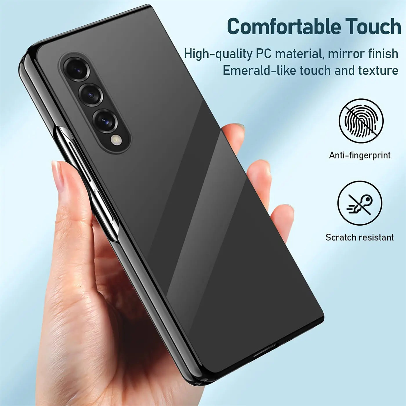 Schwarze Silikonhülle mit Spiegel-Finish, die ein Samsung Galaxy Z Fold 3 zeigt.