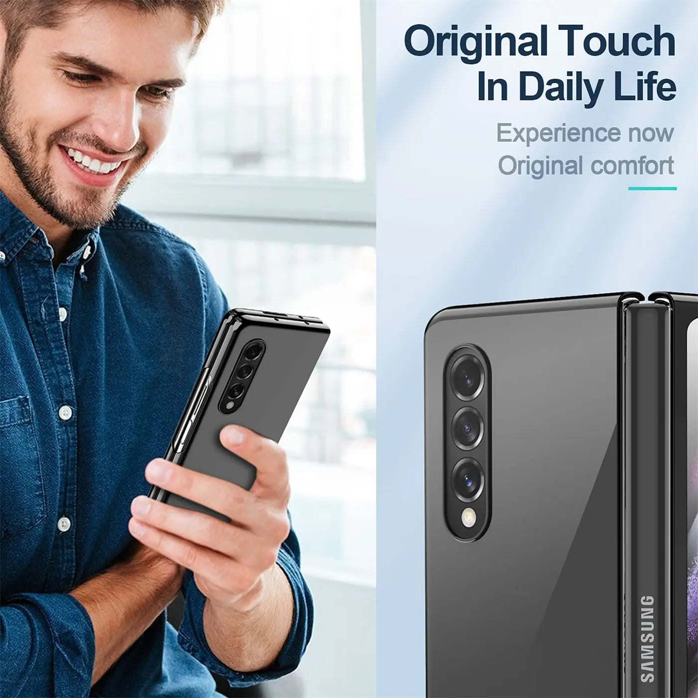 Schwarze Silikonhülle an Samsung Galaxy Z Fold 3, Nahaufnahme, Rückseite