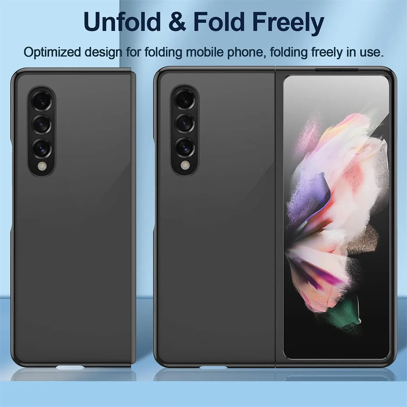 Schwarze Silikonhülle für Samsung Galaxy Z Fold 4, Rückansicht und aufgeklappt, von vorne