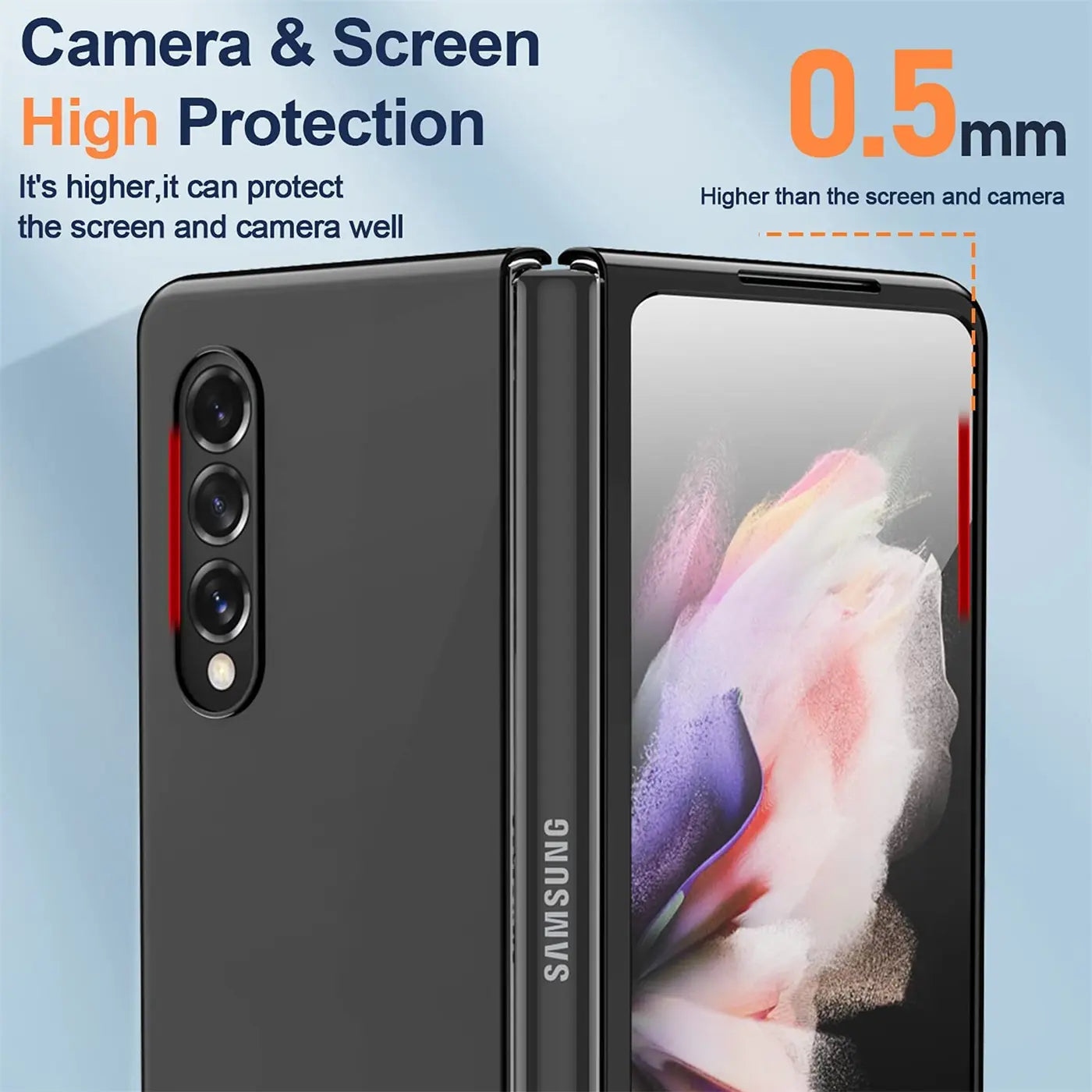 Samsung Galaxy Z Fold 4, schwarze Silikonhülle, Rückansicht und offener Bildschirm