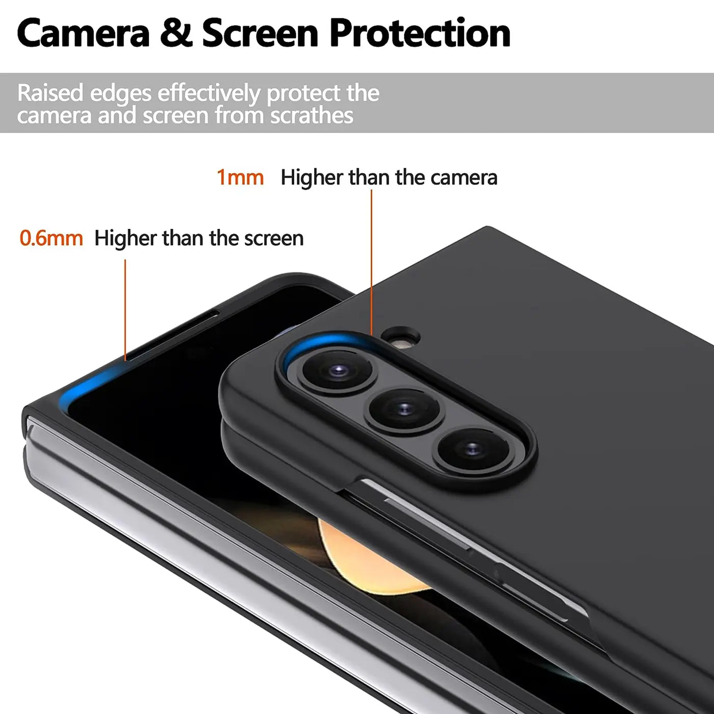Schwarze matte Silikonhülle für Samsung Galaxy Z Fold 6, Nahaufnahme, Kameraschutz.