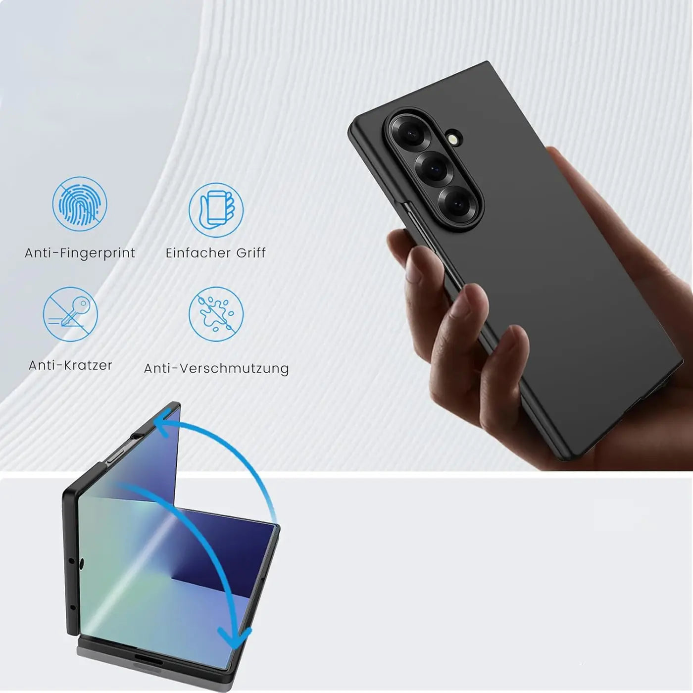 Schwarze Silikonhülle, matt, von hinten, hält Samsung Galaxy Z Fold 7.