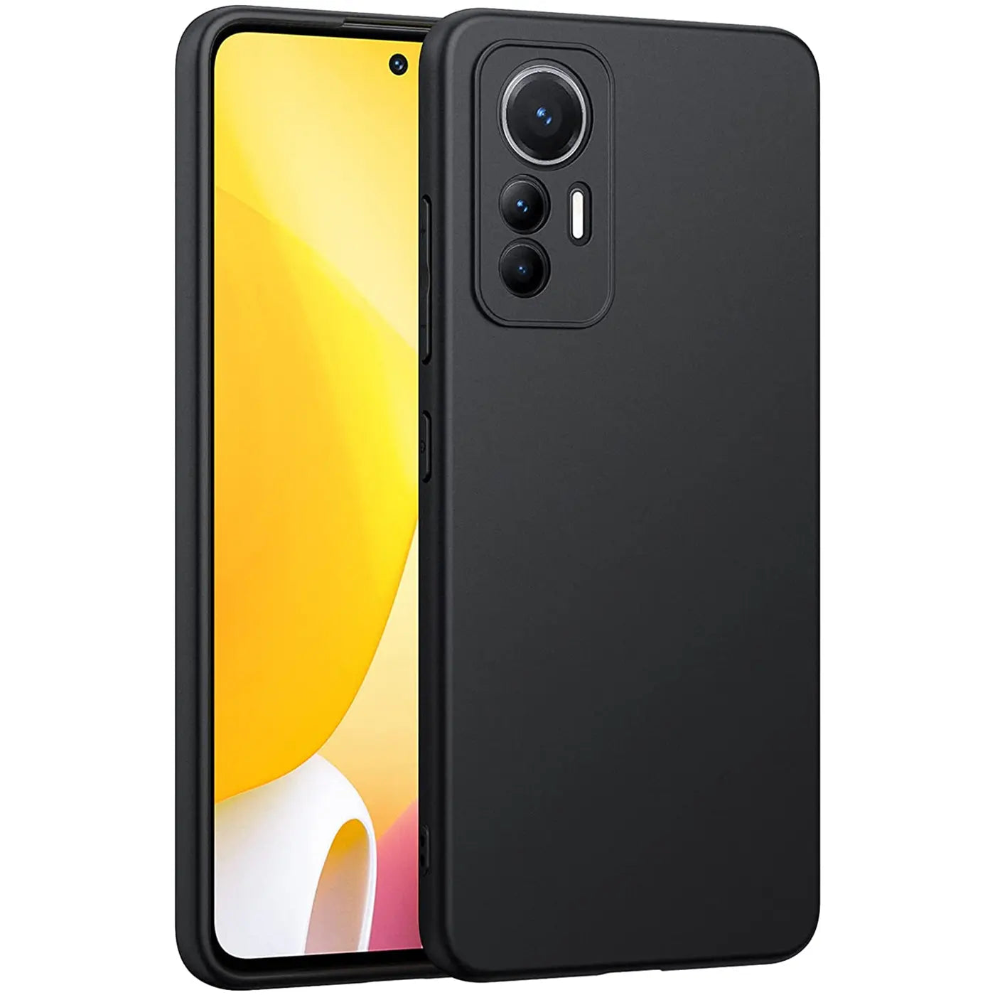 Schwarze matte Silikonhülle für Xiaomi 12 Lite 5G, von schräg vorne gezeigt.