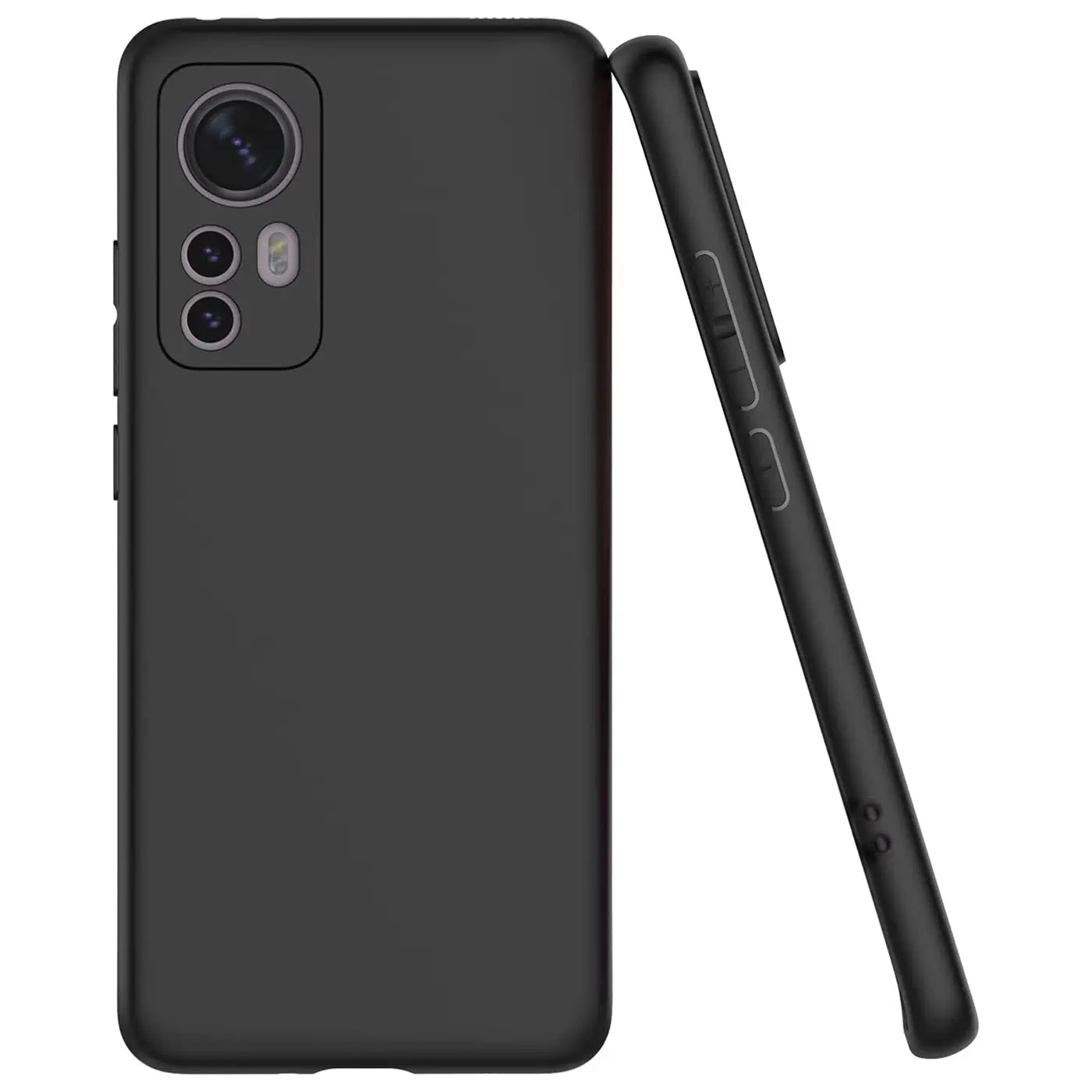Schwarze Silikonhülle für Xiaomi 12 Pro, matt, von der Seite und Rückseite gezeigt.