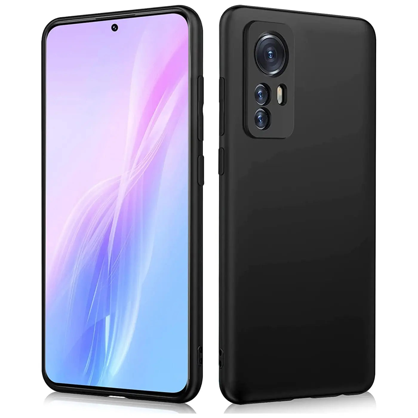 Schwarze Silikonhülle für Xiaomi 12/12X, von vorne und von hinten gezeigt.