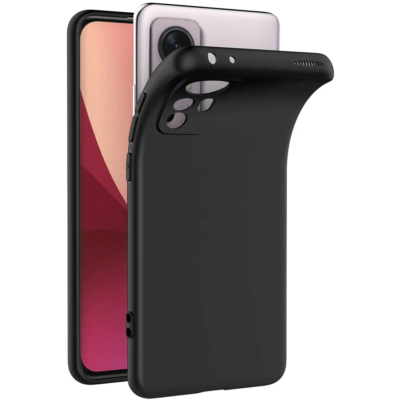 Schwarze matte Silikonhülle für Xiaomi 12 / 12X, von schräg hinten gezeigt.