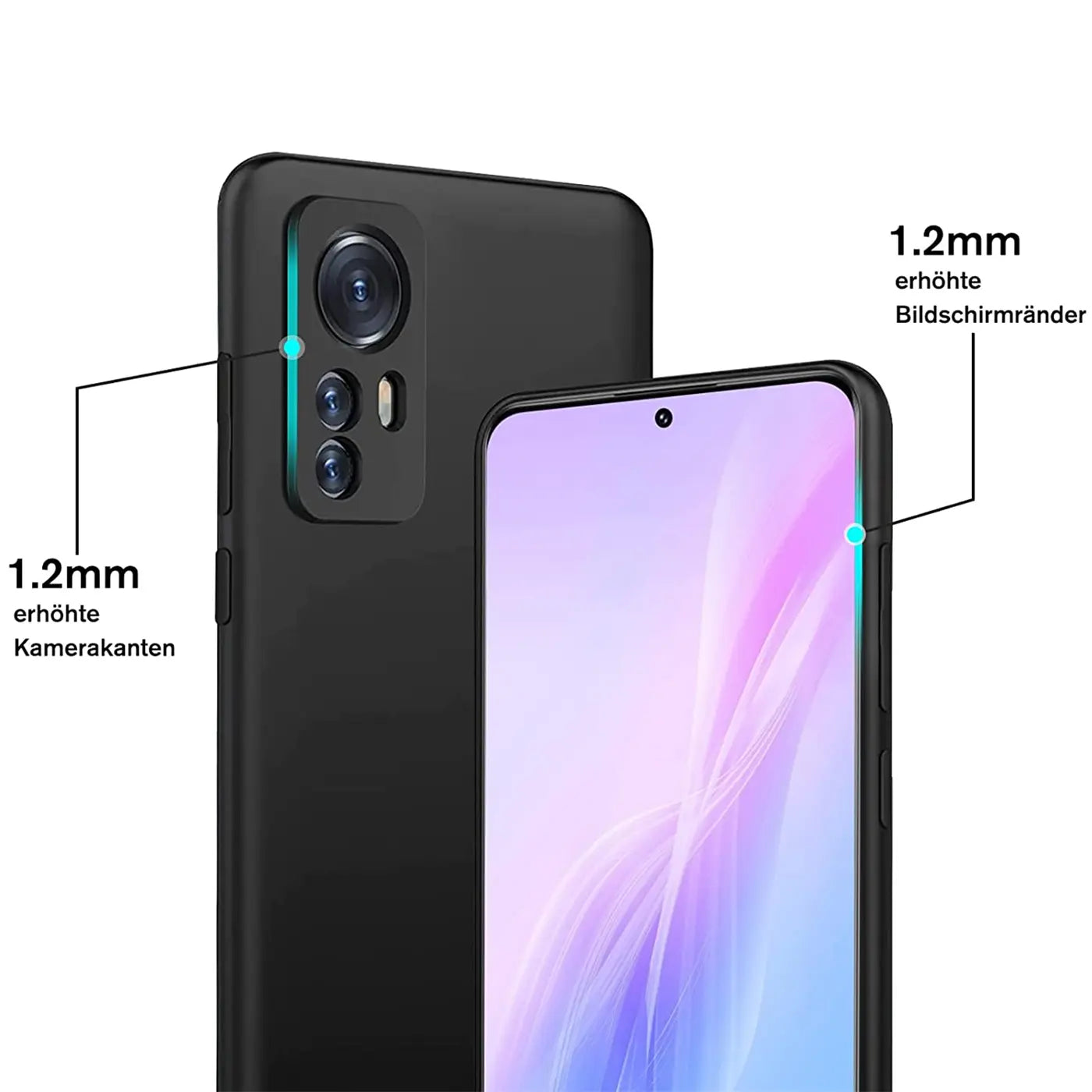 Schwarze Silikonhülle für Xiaomi 12/12X, Rück- und Vorderansicht, matte Oberfläche.