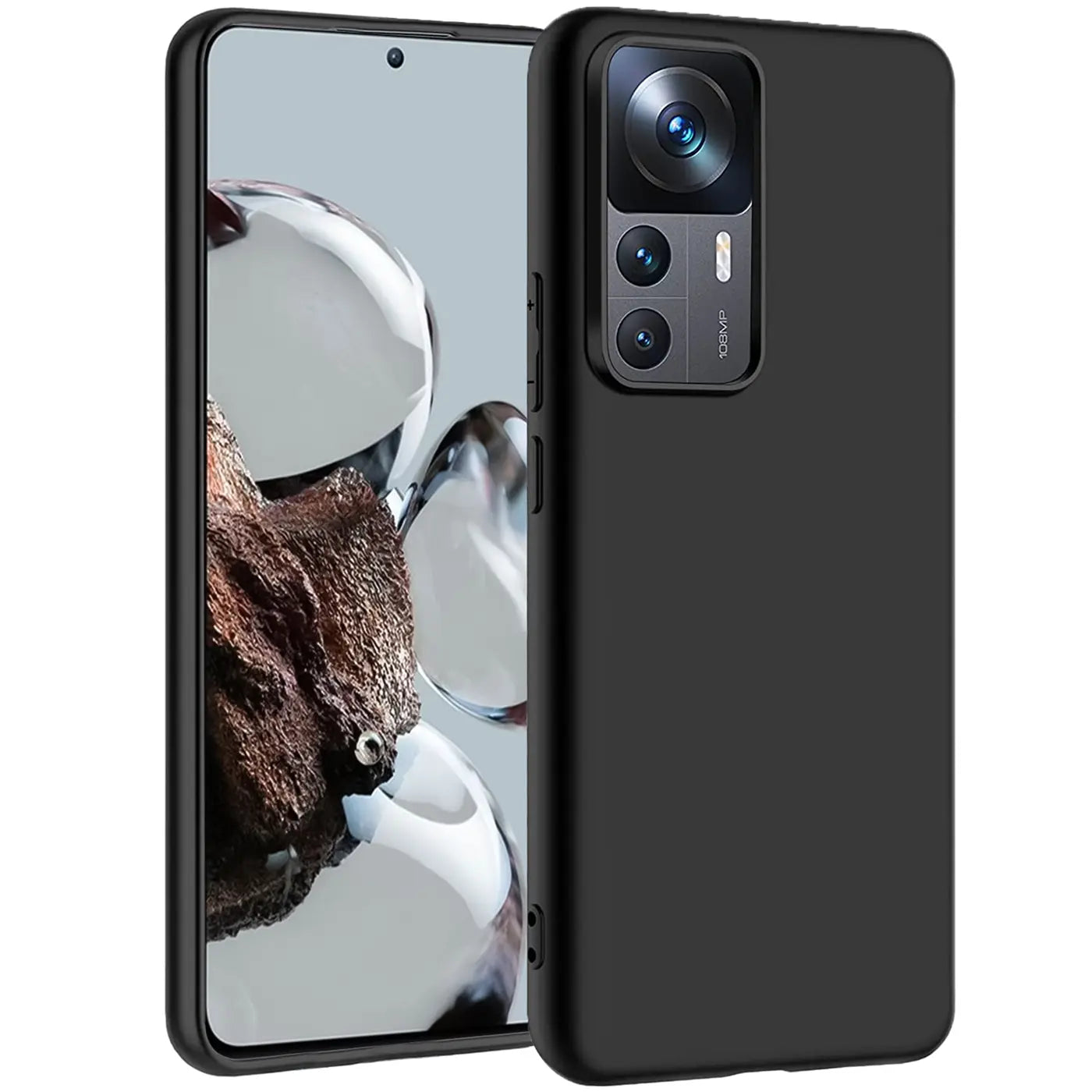 Schwarze matte Silikonhülle auf einem Xiaomi 12T Pro, von schräg vorne