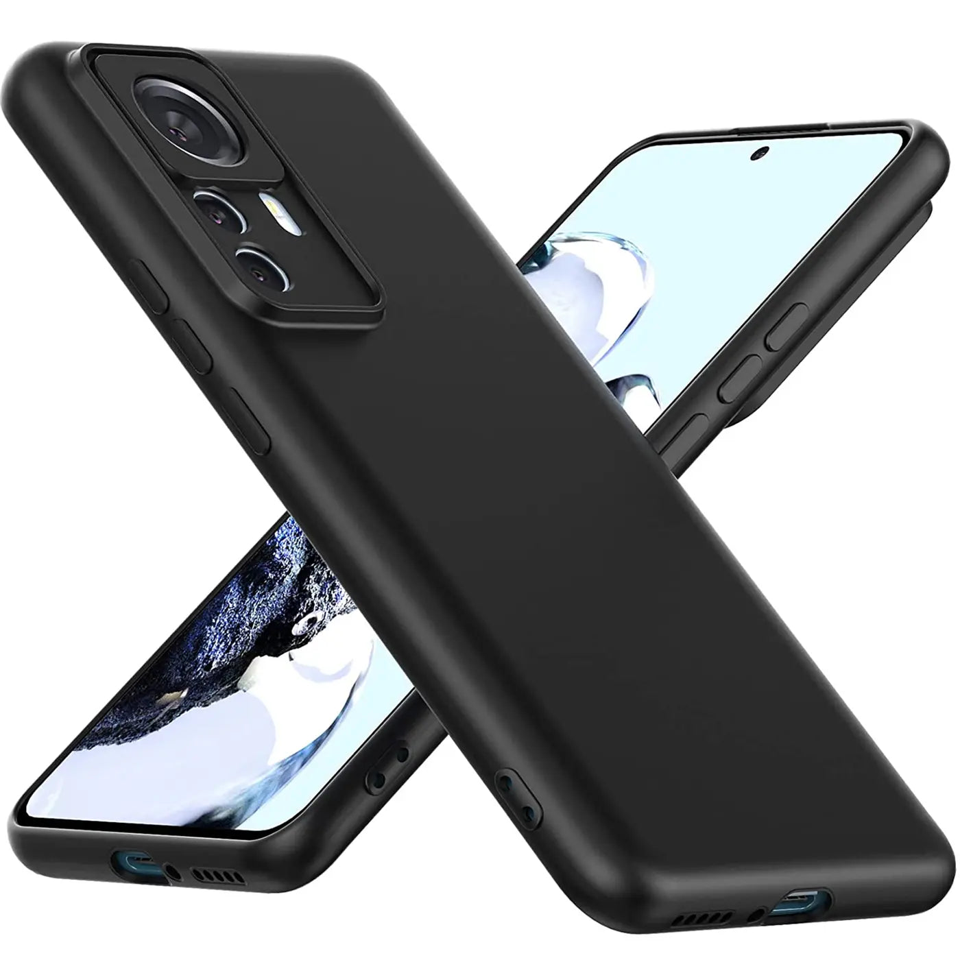 Schwarze Slim Silikonhülle für Xiaomi 12T/12T Pro, von schräg oben, matt.