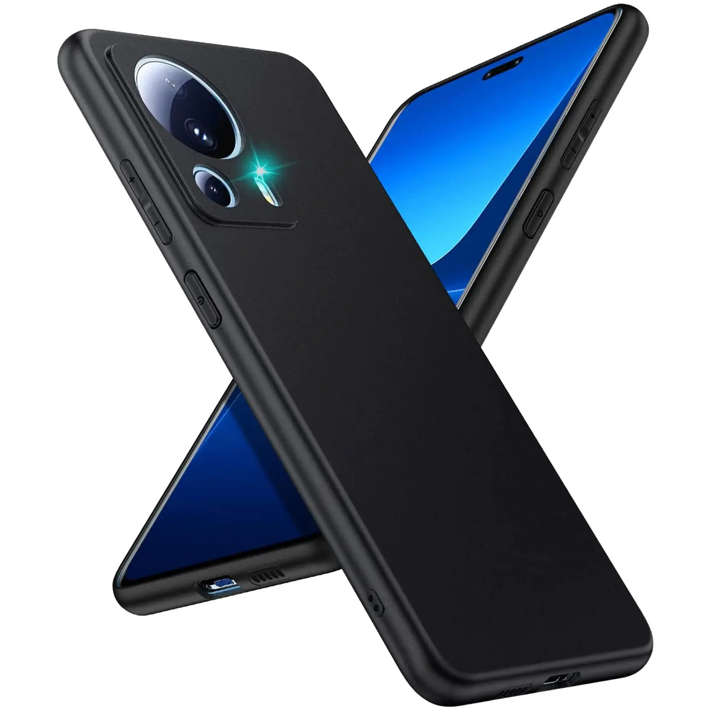 Schwarze Silikonhülle matt auf Xiaomi 13 Lite, von schräg oben, Rückseite und Vorderseite sichtbar.