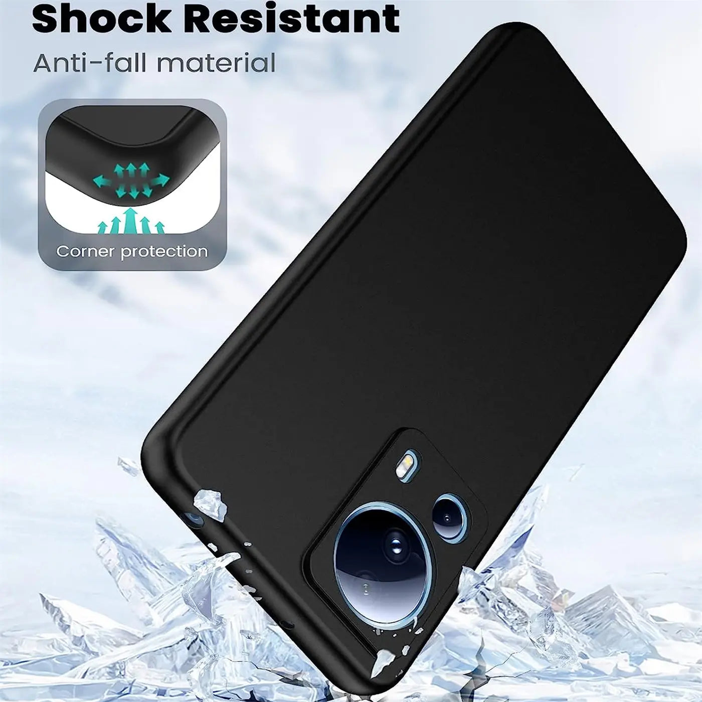 Schwarze matte Silikonhülle auf Xiaomi 13 Lite, von schräg oben.