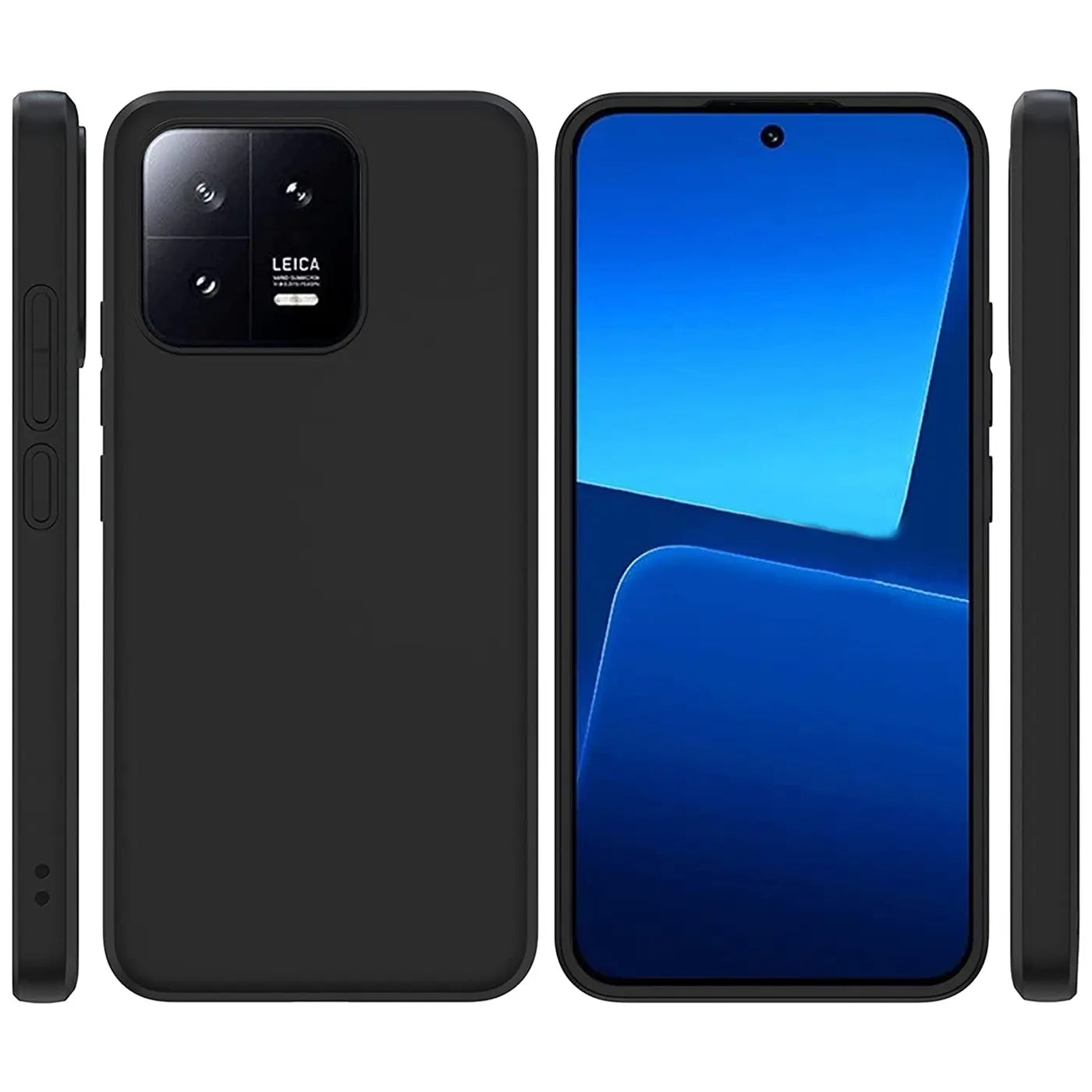 Schwarze Silikonhülle für Xiaomi 13 Pro, von vorne, Seite, Rückseite und Displayansicht.