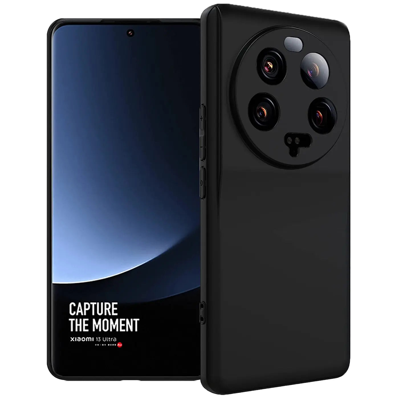 Schwarze matte Silikonhülle auf einem Xiaomi 13 Ultra, von schräg vorne gezeigt.