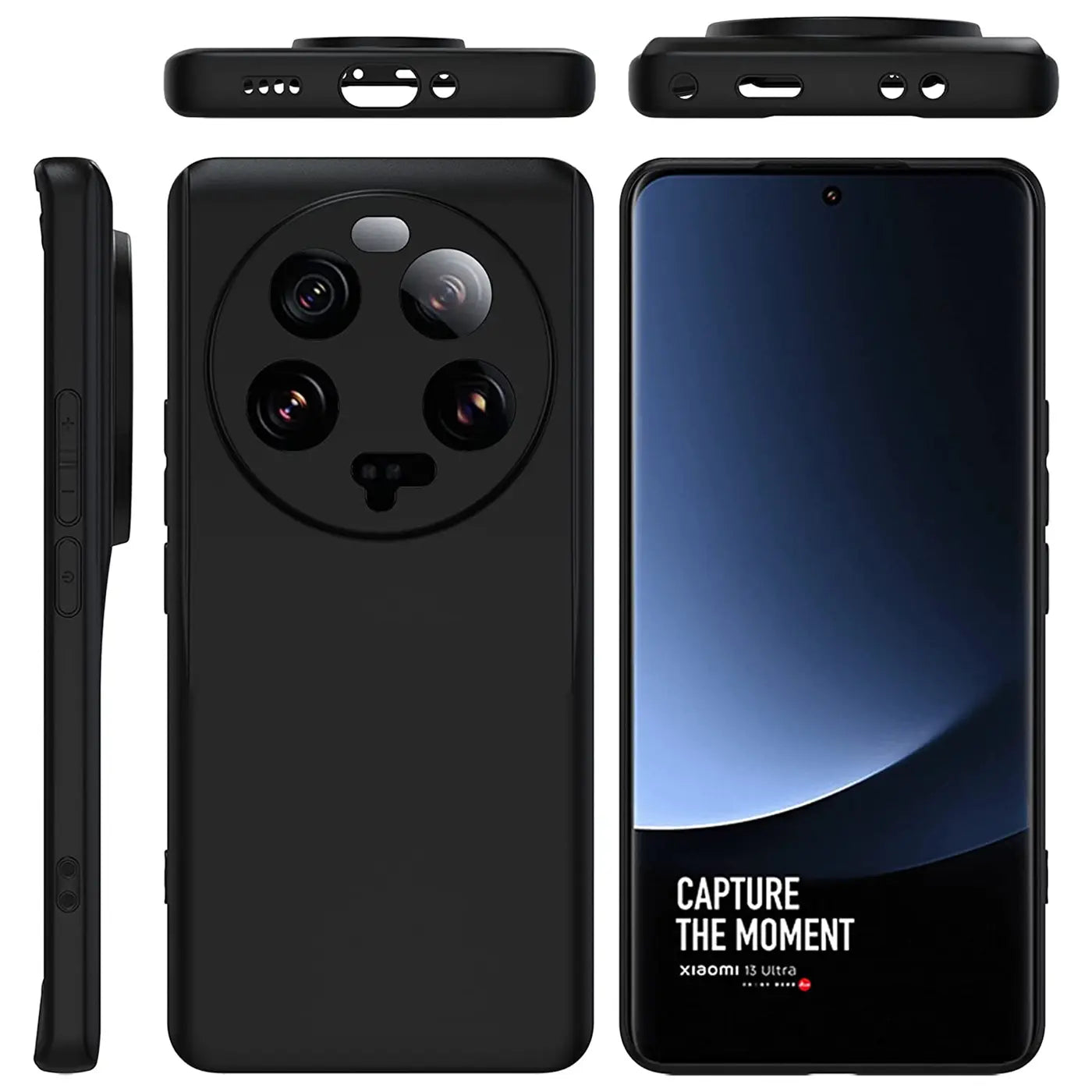 Schwarze Silikonhülle matt, verschiedene Ansichten, mit Xiaomi 13 Ultra