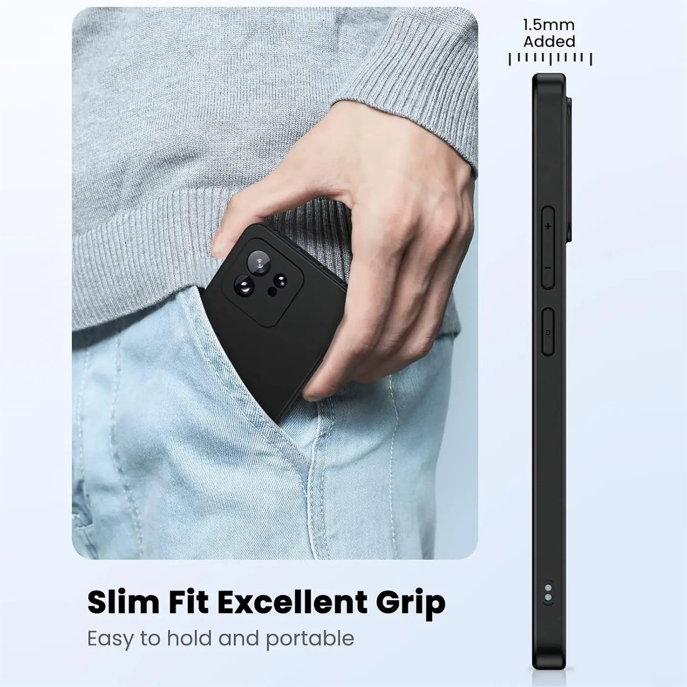 Schwarze, matte Silikonhülle für Xiaomi 13T / 13T Pro, von vorne in Hosentasche gesteckt.