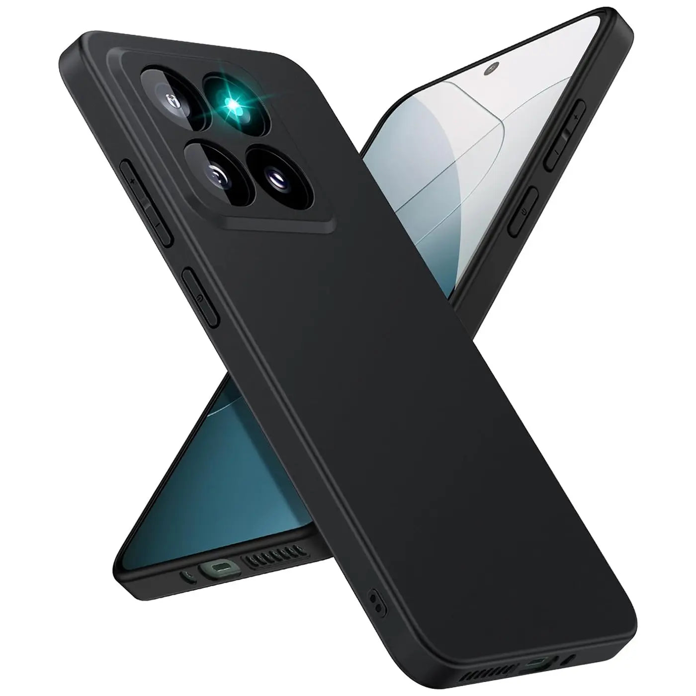 Schwarze Silikonhülle für Xiaomi 14 Pro, matt, von schräg oben.