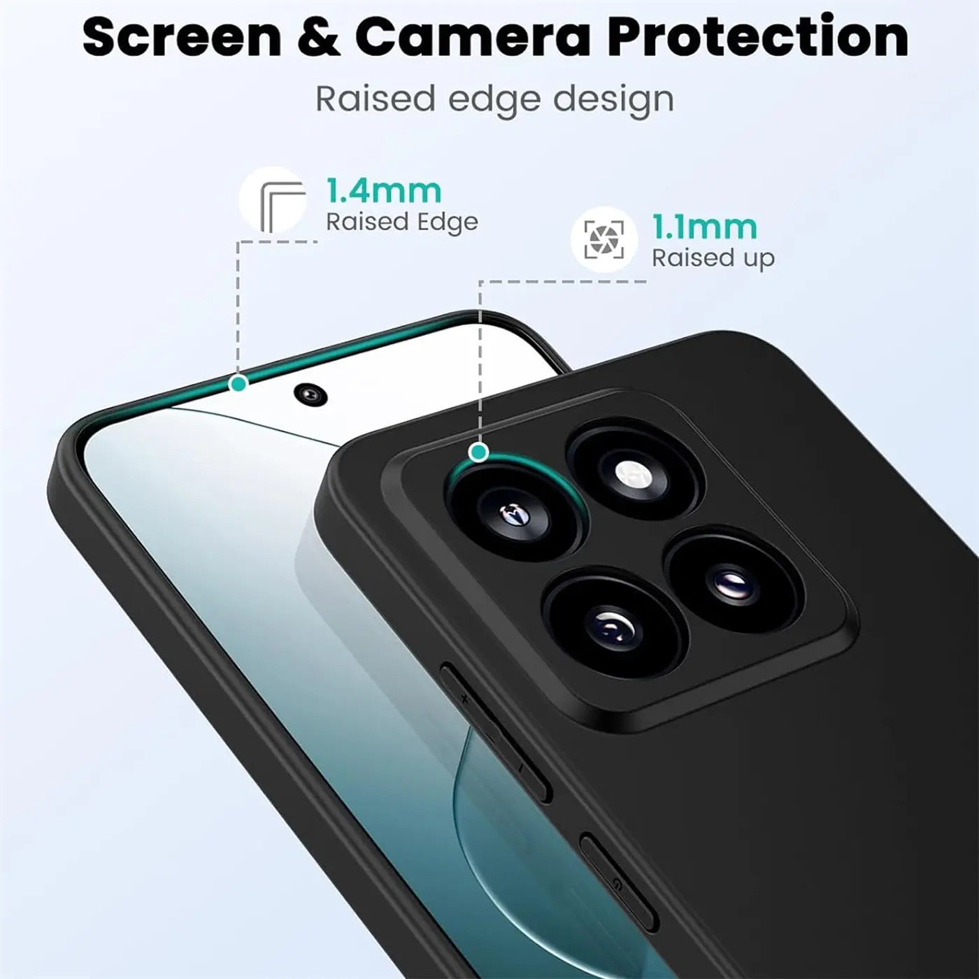 Schwarze, matte Silikonhülle für Xiaomi 14 Pro, von schräg oben, zeigt Kamerainsel.