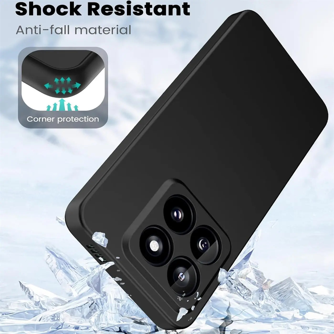 Schwarze, matte Silikonhülle für Xiaomi 14 Pro, von schräg oben, mit Kameraöffnung.