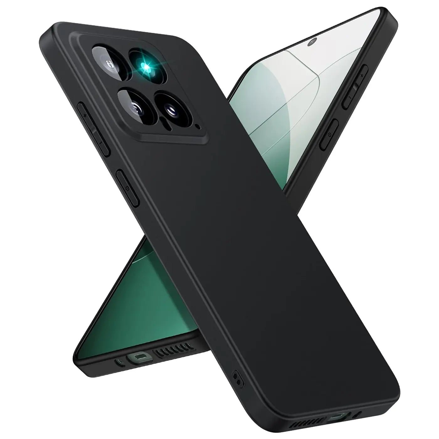 Schwarze Silikonhülle für Xiaomi 14, von vorne links, matt, mit Kamera-Ausschnitt.