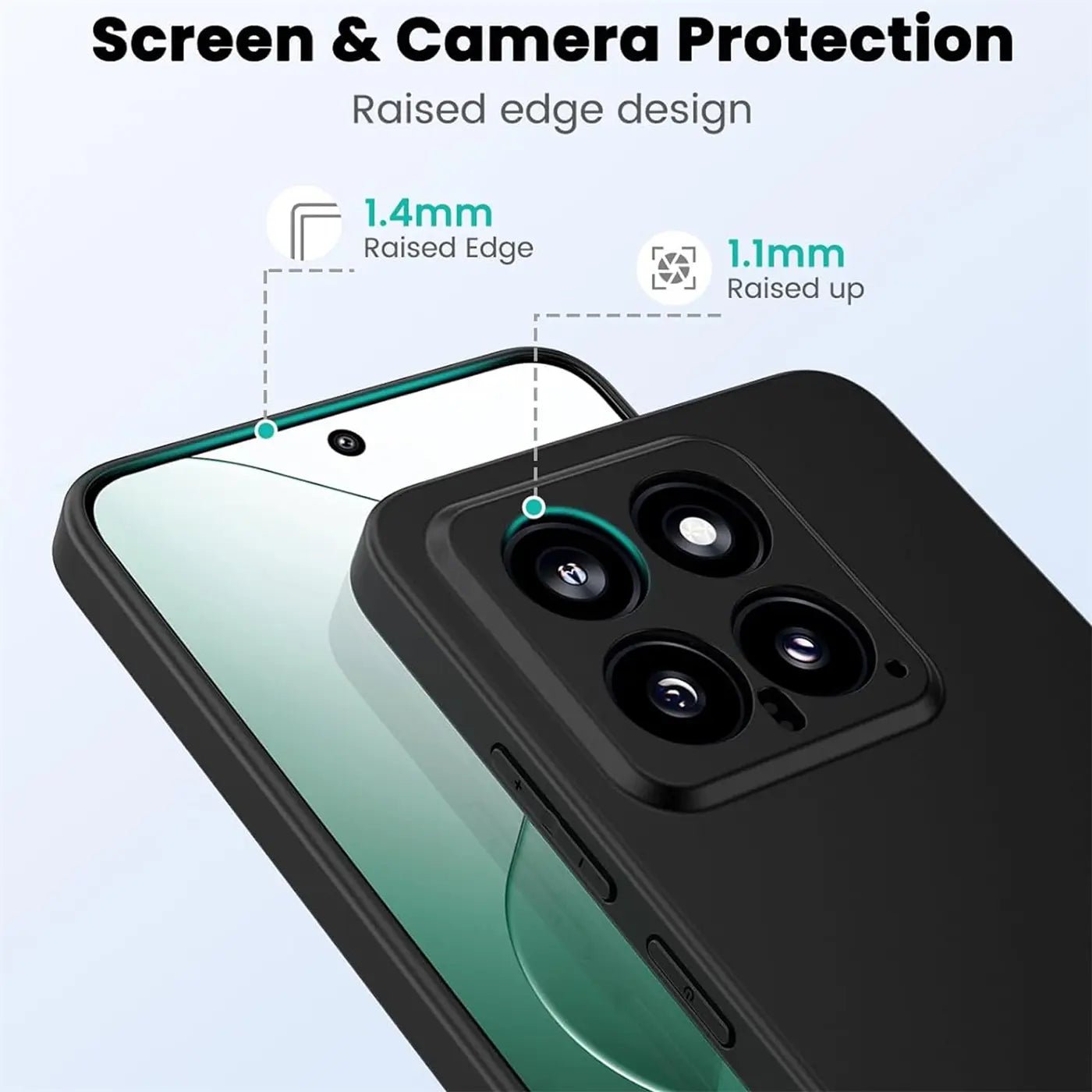 Schwarze Silikonhülle mit erhöhten Kanten schützt Xiaomi 14 Kameras und Display.